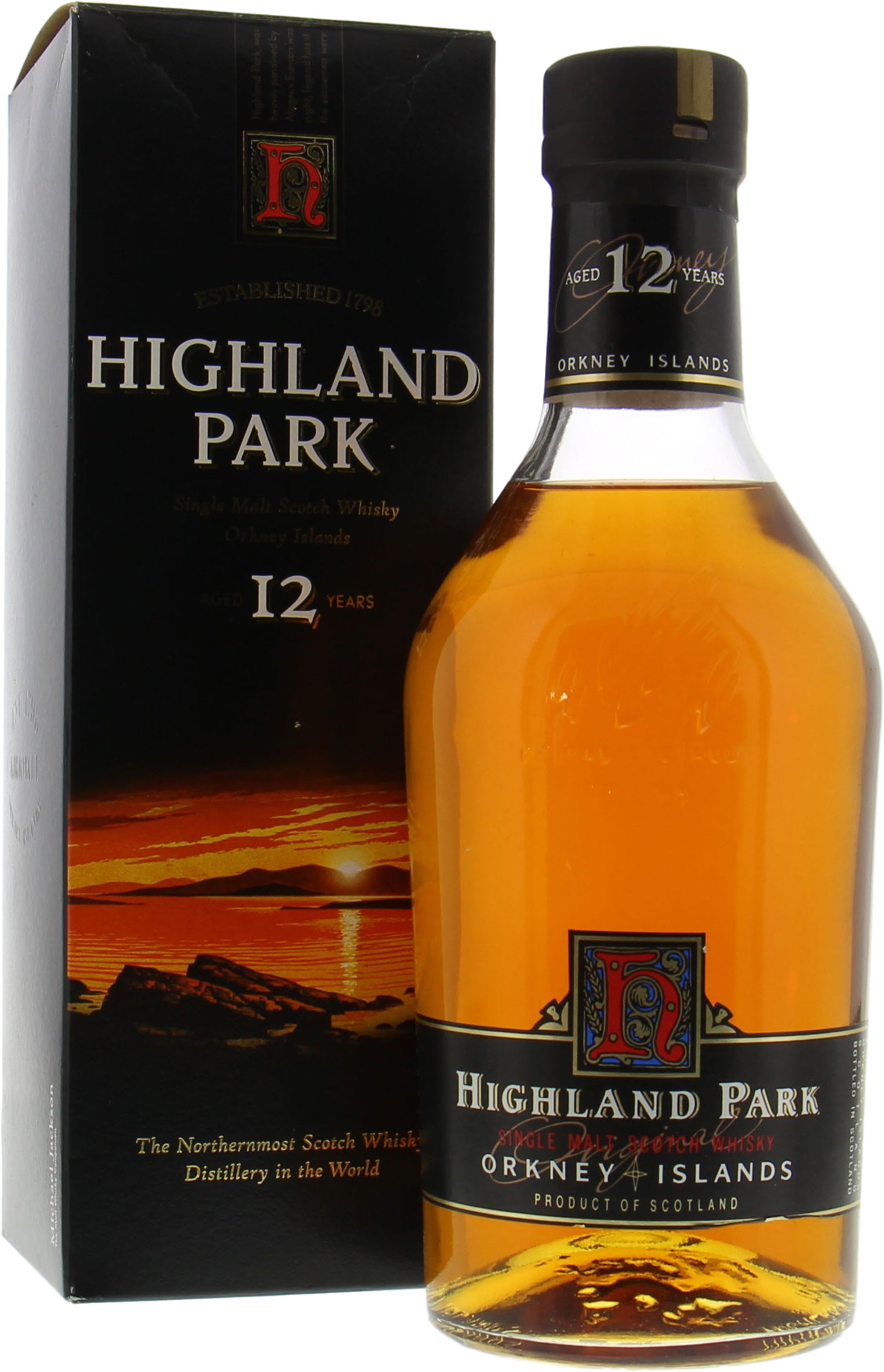 Highland Park 12 Years Old Dumpy Bottle Short Black Band Type Label 40% NV;